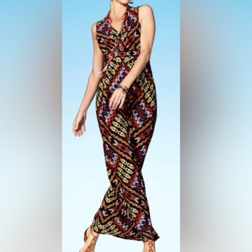 Chico's Aztec Empire Waist Stretch V-Neck Maxi Dress Size 0 US 4-6/Small